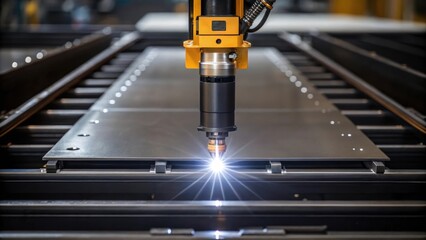 Aufkleber - A closeup of the welding torch attached to a robotic arm focused on the precise angle and position as it melts the edges of steel plates for a seamless joint.