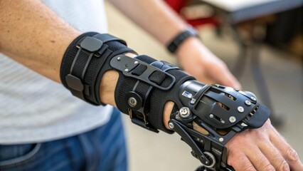 Poster - A closeup perspective of the wrist joint of the exoskeleton highlighting the delicate engineering that allows for fluidity in movement while assisting with heavy lifting tasks.