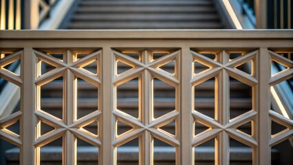 Aufkleber - A closeup perspective of a robust 3Dprinted stair railing with geometric outs demonstrating the interplay of light and shadow through the open sections giving it a modern feel.