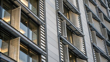 Poster - A closeup on a series of rotating louver panels embedded within a buildings facade responding to solar movements to maintain consistent interior light levels.