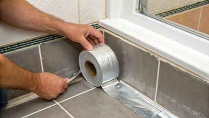 Poster - A closeup shot of a flexible waterproofing tape being applied to a corner joint in a bathroom emphasizing its easy manipulative properties and strong adhesion.