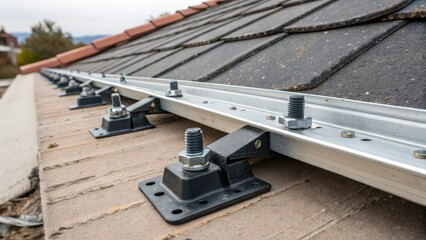Poster - A closeup view of a roof attachment system demonstrating the robust fasteners and brackets designed for maximum hold showcasing their engineered strength against lateral forces.
