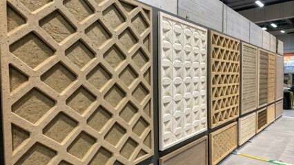 Poster - A detailed capture of modular wall panels made from recycled materials with a focus on the gridlike pattern that aids in maximizing surface area for CO2 absorption while providing