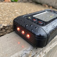 Aufkleber - A detailed closeup of a temperature logger device showing LED indicators with faint reflections on its glossy surface contrasting against the rough texture of the adjacent