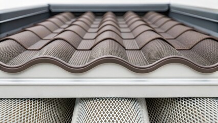 Poster - A detailed image of the underside of a roofing tile revealing the advanced filtration system within with fine mesh materials designed to purify rainwater before it enters the