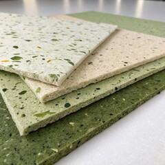 Aufkleber - A detailed view of algaebased biocomposite sheets illustrating the natural speckles and unique textures that make them suitable for ecoconscious construction materials.
