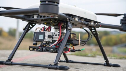 Aufkleber - A detailed view of the drones undercarriage featuring sophisticated sensors and GPS modules that assist in its automated navigation with bolts and wiring intricately interwoven.