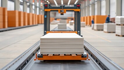 Poster - A focused shot of an automated system transporting drywall sheets from one side of the construction site to another showcasing streamlined logistics.