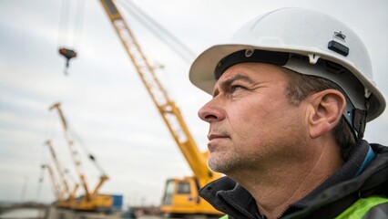 Poster - A medium closeup capturing the face of a construction supervisor observing the operation of hydrogenpowered cranes reflecting a mix of focus and determination.