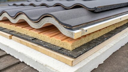 Aufkleber - A medium closeup featuring a crosssection of a multilayered roofing assembly highlighting insulation structural components and the airflow design that contributes to wind