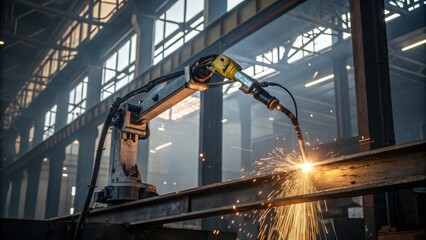 Aufkleber - A medium closeup highlighting the welding torch of the robotic welder emitting a bright arc of molten metal against a backdrop of large steel beams.