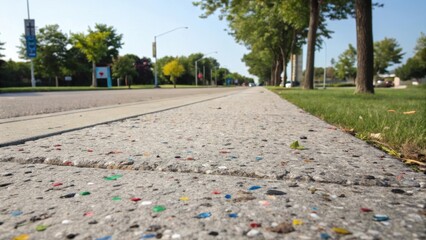 Poster - A medium closeup image of a sidewalk made from recycled materials where flecks of color are visible emphasizing sustainability while capturing solar energy.