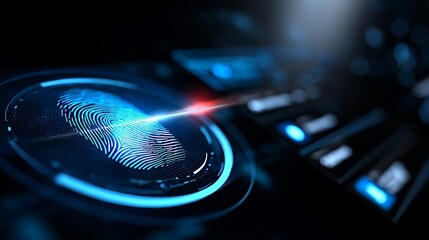 Poster - The concept of digital biometric security and identification through fingerprints, featuring a fingerprint scanning system, is depicted in a 3D rendering