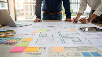 Aufkleber - A medium closeup of a collaborative design table featuring multiple designers discussing a detailed printout of an energyefficient building layout with sketches and notes tered
