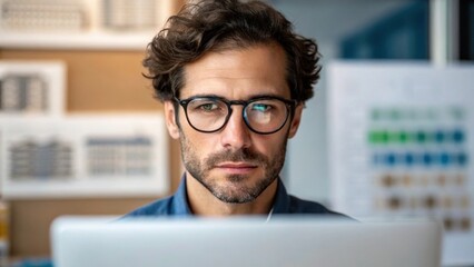 Aufkleber - A medium closeup of a designers face intensely focused as they interact with augmented reality tools that overlay sustainable design options onto a physical building model.