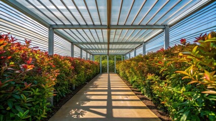 Poster - A medium closeup of a garden space under a transparent roof featuring vibrant foliage and the interplay of light and shadows cast by the integrated solar shading.
