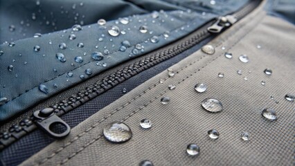 Aufkleber - A medium closeup of a hightech outdoor gear fabric with a DWR Durable Water Repellent finish highlighting its water droplet beading off the surface.