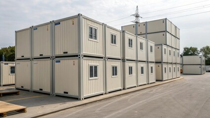 Aufkleber - A medium closeup of a group of prefabricated units stacked in a yard ready for transportation revealing the efficiency of offsite manufacturing and logistical organization.