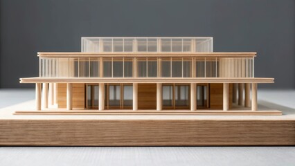 Aufkleber - A medium closeup of a modern architectural model featuring transparent wood elements seamlessly integrated into a sleek minimalist design.
