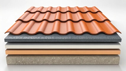 Aufkleber - A medium closeup of a multilayered fireproof roofing system displaying the various textures and materials from waterproof membranes to reflective top coats all engineered for