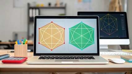 Aufkleber - A medium closeup of an augmented reality setup showing virtual geometric designs overlaying a workspace illustrating the integration of AI in spatial planning.
