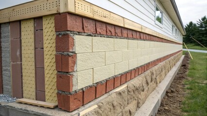 Aufkleber - A medium closeup of an energyefficient exterior wall section with embedded insulation material featuring a layered design that offers both thermal protection and flood resistance.