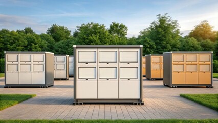 Poster - A medium closeup of an outdoor setting with multiple modular office units arranged in a creative layout demonstrating the versatility of their positioning on various terrains.