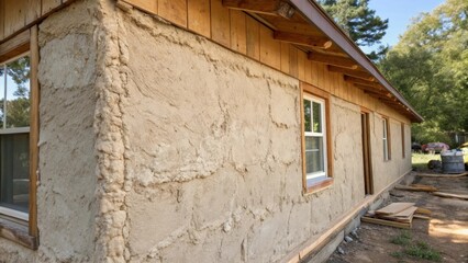 Aufkleber - A medium closeup of an insulated wall section finished with a natural plaster displaying the texture and warmth of the biobased insulation beneath the smooth surface layer.