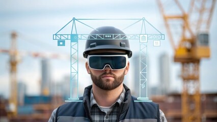 Aufkleber - A medium closeup of an operator wearing augmented reality glasses interacting with a 3D holographic interface that outlines crane movements and logistics.