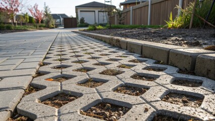 Poster - A medium closeup of a permeable paving system illustrating the integration of porous materials that allow water drainage while enhancing heat capture.