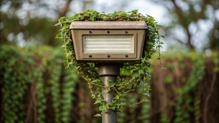 Poster - A medium closeup of a rugged outdoor light fixture mounted on a pole with vines creeping around its base emphasizing the integration of technology and nature.