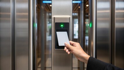 Poster - A medium closeup of a sleek RFID card reader integrated into a modern entryway showing a person tapping a card to gain access with a notification light changing color upon