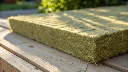 Aufkleber - A medium closeup of a sustainable hemp insulation panel highlighting the greenish hue and fibrous structure with sunlight illuminating the natural fibers.