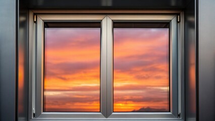 Poster - A medium closeup of a transparent aluminum window in a dramatic sunset capturing the interplay of colors and reflections that highlight its aesthetic appeal and robustness.