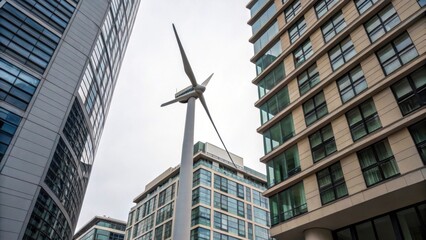 Aufkleber - A medium closeup of a wind turbine located between two urban apartments focusing on how its sleek design complements the modern aesthetic of the buildings.