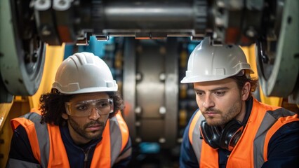 Aufkleber - A medium closeup of maintenance technicians inspecting a tunnel boring robots mechanical joints ensuring its operating at optimal efficiency.