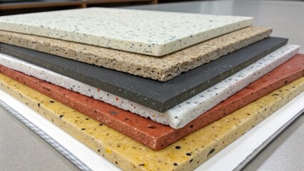 Aufkleber - A medium closeup of multiple composite samples stacked together emphasizing their lightweight nature as they easily balance atop one another with diverse colors indicating various