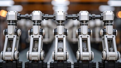Aufkleber - A medium closeup of multiple robotic units assembling a complex facade highlighting the precise movements of their articulating limbs as they fit pieces together seamlessly.