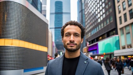 Poster - A medium closeup of soundabsorbing facades on modern buildings illustrating architectural innovations driven by AI insights with vibrantly colored urban life occurring in the