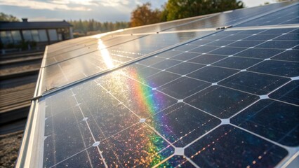 Poster - A medium closeup of sunlight hitting the clean surface of a solar panel reflecting vibrant patterns and enhancing energy efficiency as well as its aesthetic appeal.