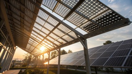 Leinwandbilder - A medium closeup of sunlight streaming through the latticed design of a building illuminating the photovoltaic panels and creating an interplay of light and energy.