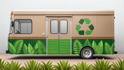Aufkleber - A medium closeup of the exterior of the mobile office focusing on the distinctive color scheme and graphics that blend with the natural environment illustrating ecofriendliness.
