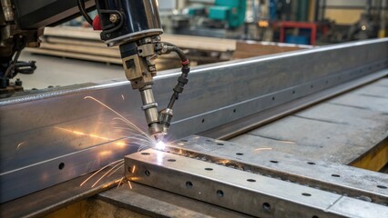 Aufkleber - A medium closeup of the joint between two steel plates being welded displaying the precision of the robotic welder in forming a seamless connection.