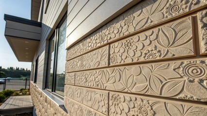 Aufkleber - A medium closeup of the textured surface of a facade panel featuring modern materials designed for aesthetic appeal and weather resistance.