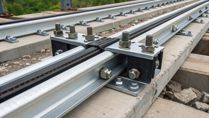 Poster - A medium closeup of two interconnected sections of a flexible beam with visible bolts and connectors illustrating how flexibility can enhance structural integrity during seismic