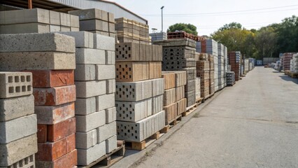 Poster - A medium closeup photograph of a storage yard filled with neatly stacked recycled concrete blocks with varying patterns and colors that highlight the salvaged materials diversity.
