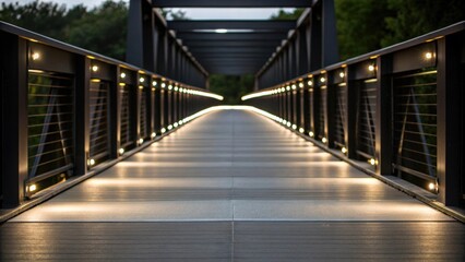 Aufkleber - A medium closeup showcasing a prefabricated bridge walkway featuring integrated lighting embedded in the pathway providing an illuminated path for pedestrians while blending