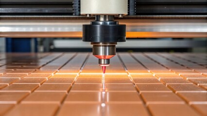 Poster - A medium closeup view of a robotic tiling machine in action with tiles being and shaped to fit the highspeed rotating blade reflecting light as it slices through material.