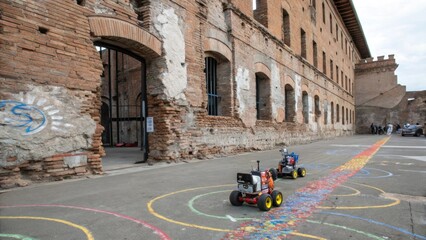 Poster - An artistic shot of the robots paintcovered wheels leaving trails of color at the base of a crumbling brick exterior showcasing the blend of technology with structural restoration.