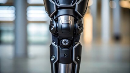 Aufkleber - An intricate closeup focused on the knee joint of the exoskeleton illustrating the advanced hydraulics that allow for smooth bending and lifting movements.
